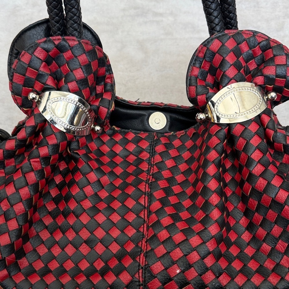 Zelli Woven Leather Satchel Bag | Red & Black | Designer Purse - Picture 7 of 10